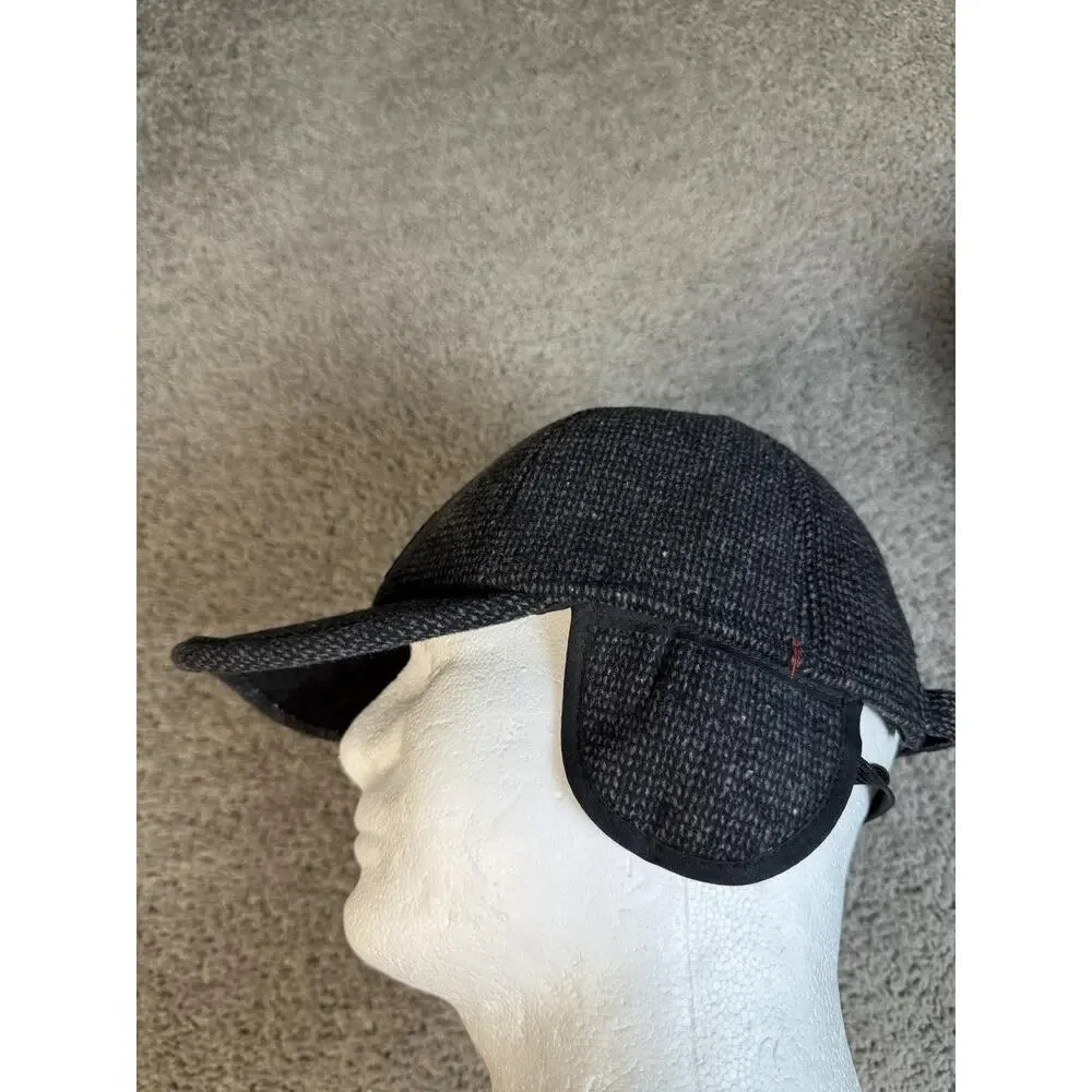 EDIKO Hat Trapper Mens One Size Gray Herringbone Tweed Wool Lined Ear Flap